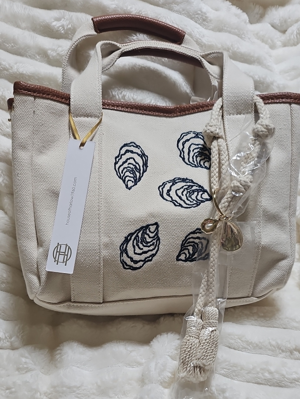 Cream Canvas Tote with Navy Shell Embroidery and Brown Trim And Chrms